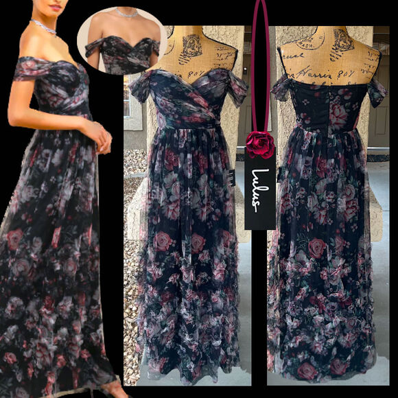 Lulus Black Floral Mesh Off-the-Shoulder Ideal Beauty Maxi Dress Size Small - Picture 1 of 9